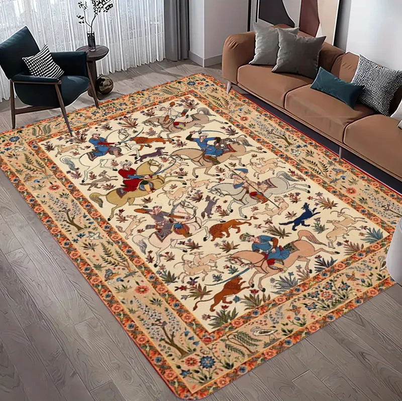 Hunting Outdoor Rug - 빈티지 페르시아 사냥꾼풍 꽃무늬 러그, 거실용
