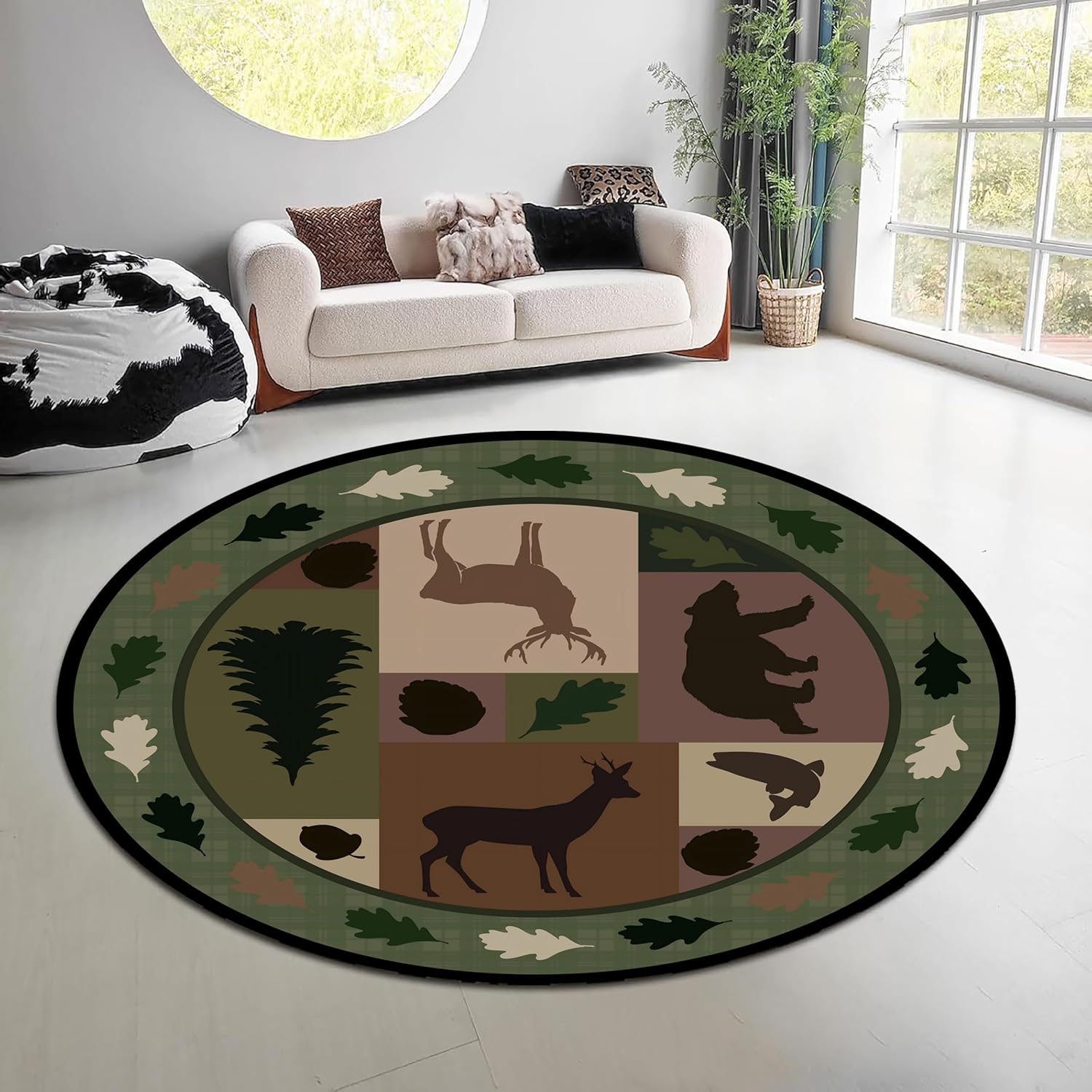 Hunting Outdoor Rug - 빈티지 자연 숲 원형 러그 녹색