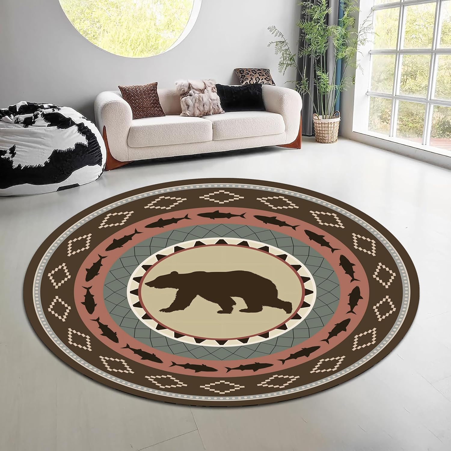 빈티지 자연 숲 원형 러그 녹색 갈색 엘크 곰 무늬 카 - Hunting Outdoor Rug 리뷰 및 가격
